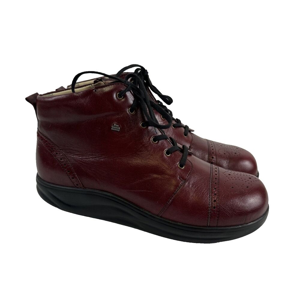Finn Comfort Hakodate Ankle Boots Red Leather Brogue Lace Up Zip Women 10.5 UK 8